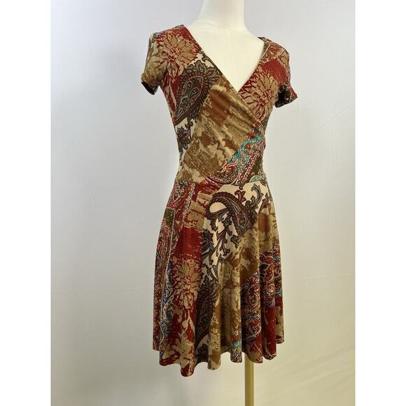 Ralph Lauren Petite Short Sleeve V Neck Dress Brown Red Print Classic Size PXS - Picture 2 of 7